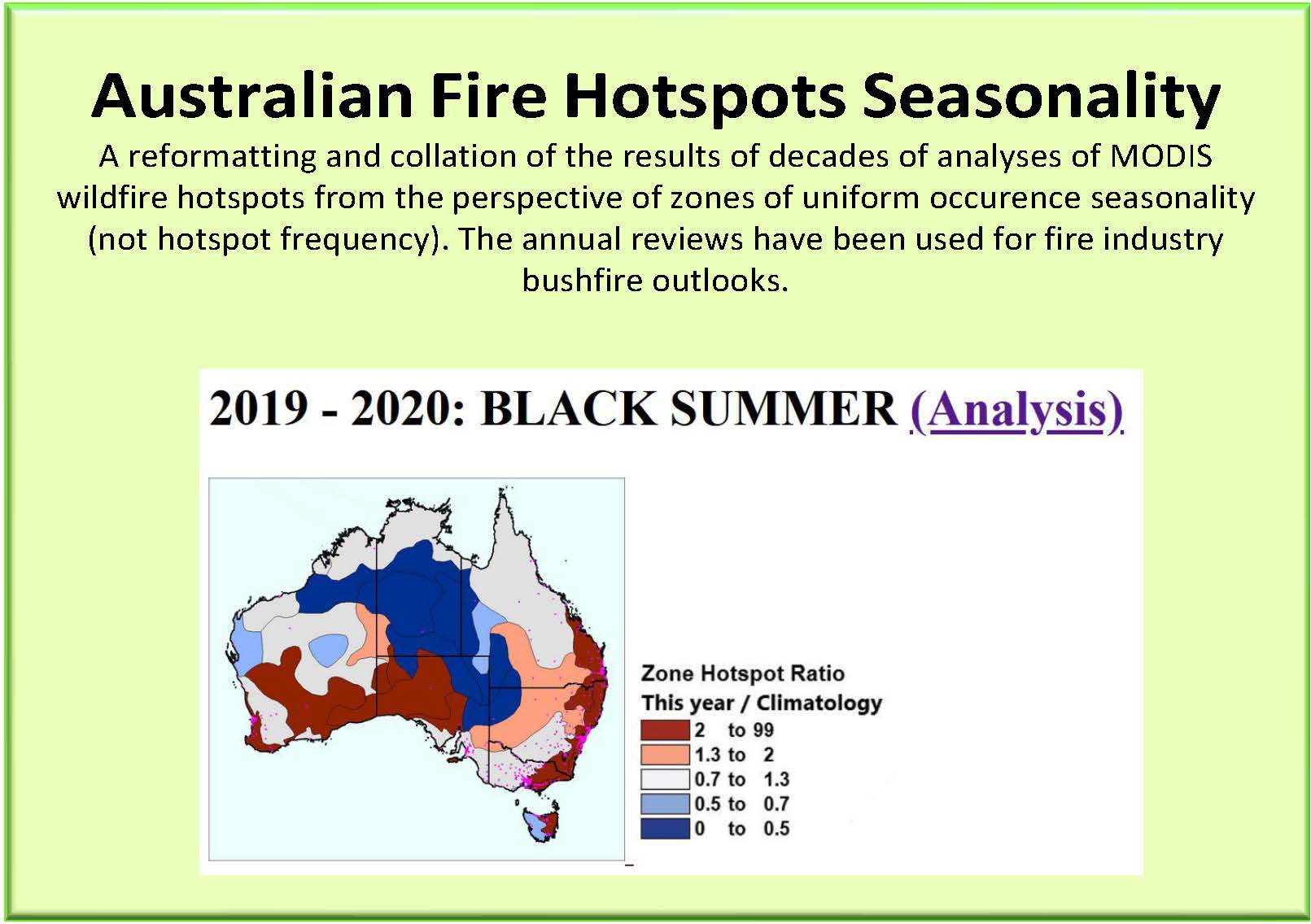 Australian Fire Hotspots Seasonality: A reformatting and collation of the results of decades of analyses of MODIS wildfire hotspots from the perspective of zones of uniform occurence seasonality (not hotspot frequency). The annual reviews have been used for fire industry bushfire outlooks. 